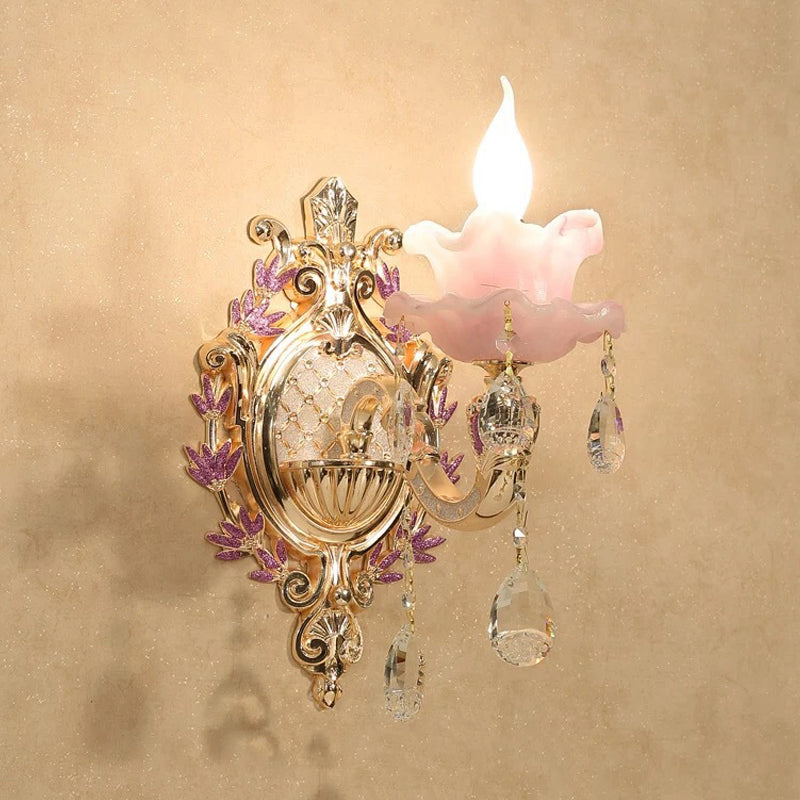 Ruffle Purple Glass Sconce Lamp - Countryside 1/2-Light Wall Mount Lighting With K9 Crystal Drop