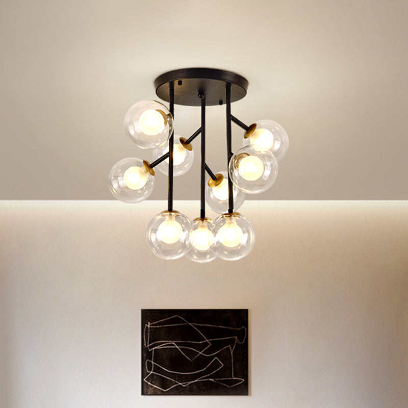 Modern Ball Semi - Mount Clear Glass Ceiling Lamp With Black/Gold Finish - 9/12 Heads Ideal For