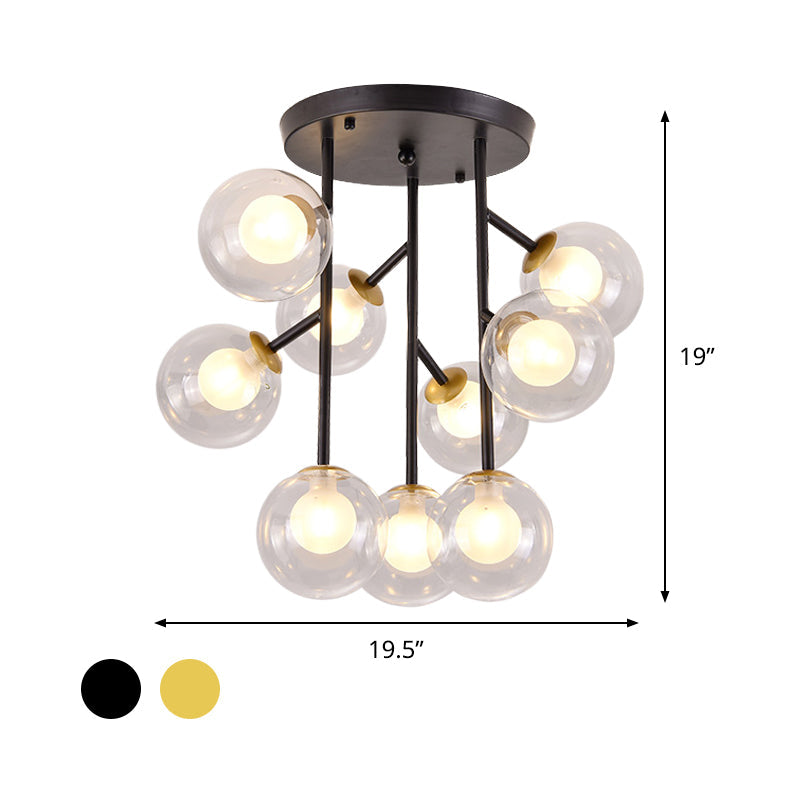 Modern Ball Semi - Mount Clear Glass Ceiling Lamp With Black/Gold Finish - 9/12 Heads Ideal For