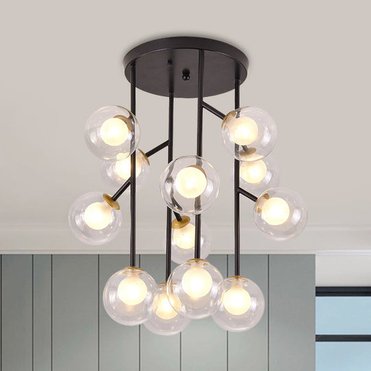 Modern Ball Semi - Mount Clear Glass Ceiling Lamp With Black/Gold Finish - 9/12 Heads Ideal For