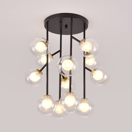 Modern Ball Semi - Mount Clear Glass Ceiling Lamp With Black/Gold Finish - 9/12 Heads Ideal For