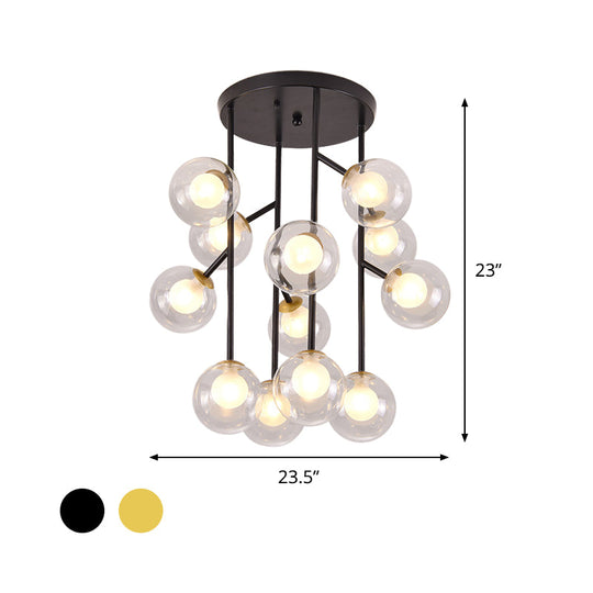 Modern Ball Semi - Mount Clear Glass Ceiling Lamp With Black/Gold Finish - 9/12 Heads Ideal For
