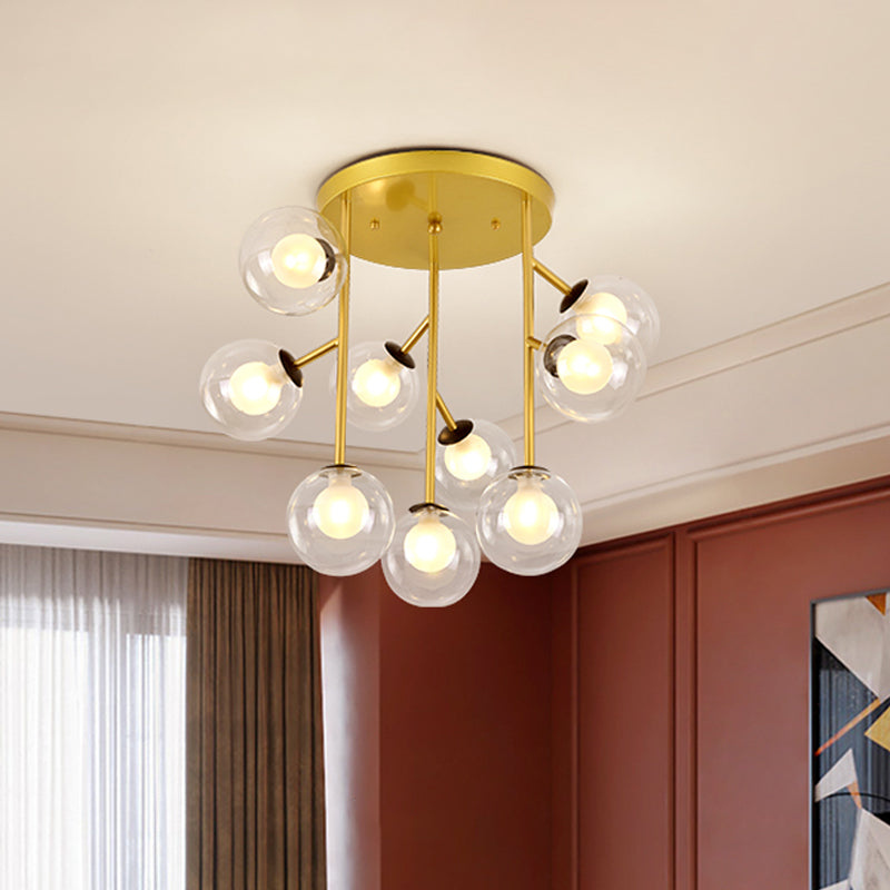 Modern Ball Semi - Mount Clear Glass Ceiling Lamp With Black/Gold Finish - 9/12 Heads Ideal For