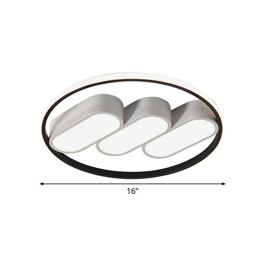 Modern Round Flush Led Bedroom Lamp In White - Black: Metallic Lighting Fixture