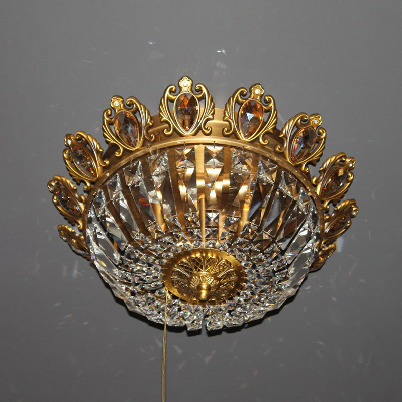 Traditional Beveled Crystal Bowl Flush Mount Ceiling Lamp With 4 Brass Heads For Bedroom Lighting