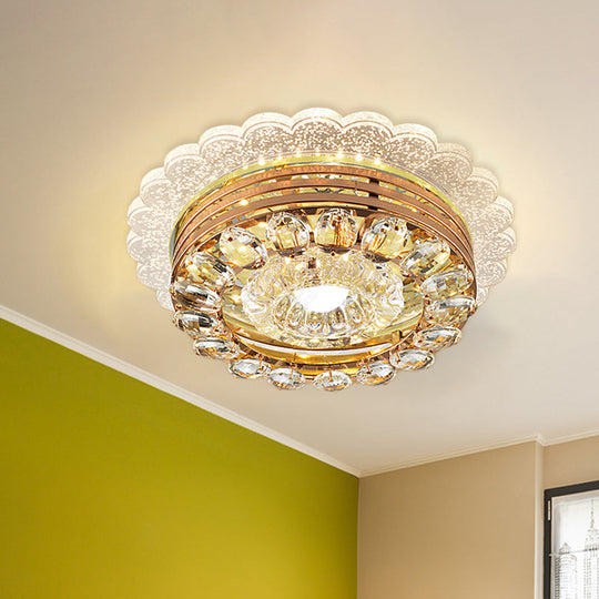 Crystal Drop Gold Flushmount Light With Led Scalloped Edge & Metal Round Design - Minimalist Ceiling