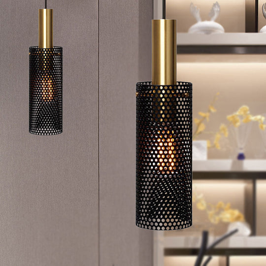Hollow Design Cylinder Hanging Lamp - Black/White Metal Pendant With 1 Light Black