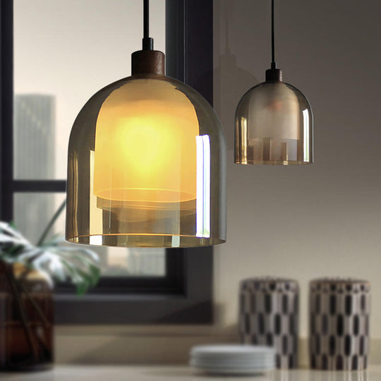 Contemporary Amber Glass Bell Pendant Light With Bronze Finish