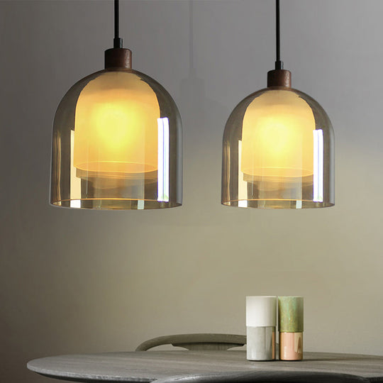 Contemporary Amber Glass Bell Pendant Light With Bronze Ceiling Lamp – Inner Shade