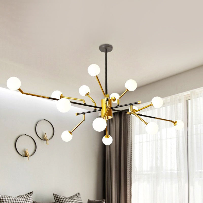 Contemporary Sputnik Metal Chandelier: Gold Brass Pendant Lamp With Molecular Milk Glass Shade