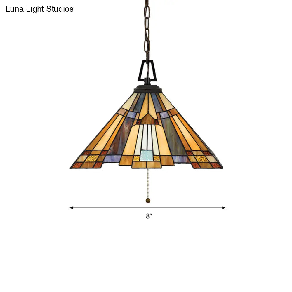 8’/12’/16’ Wide Tapered Tiffany Stained Glass Pendant Lamp With Amber Bulb For Bedroom