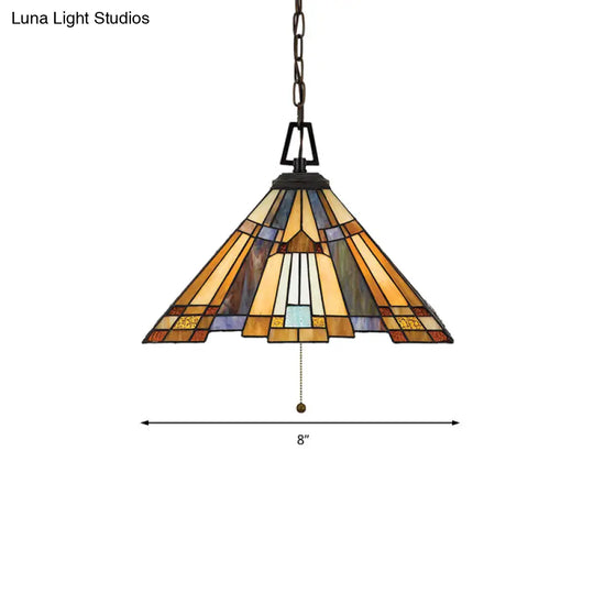 8’/12’/16’ Wide Tapered Tiffany Stained Glass Pendant Lamp With Amber Bulb For Bedroom