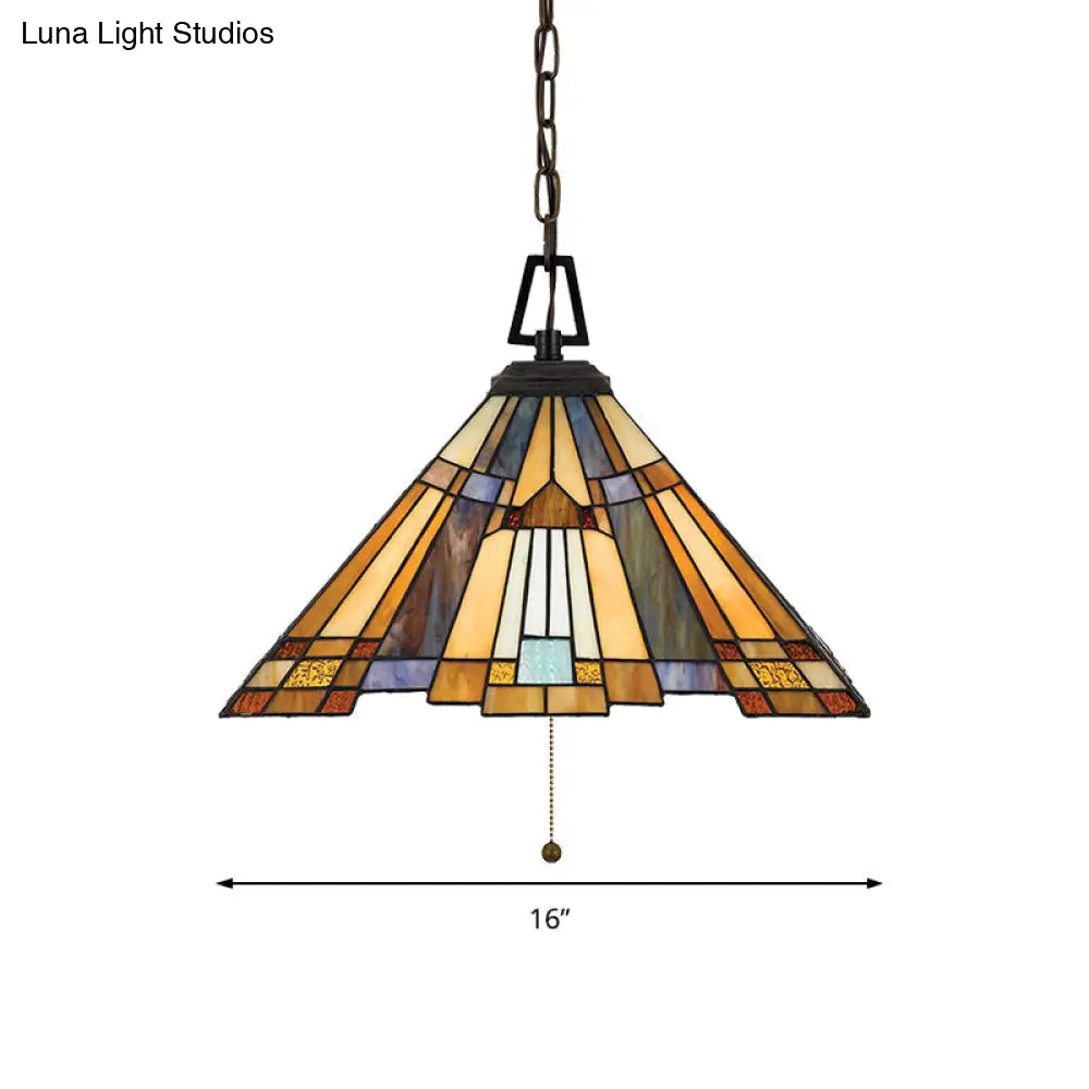 8’/12’/16’ Wide Tapered Tiffany Stained Glass Pendant Lamp With Amber Bulb For Bedroom