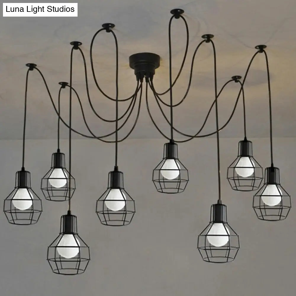 8-Head Industrial Ball Cage Swag Pendant Light In Black For Living Room Decor