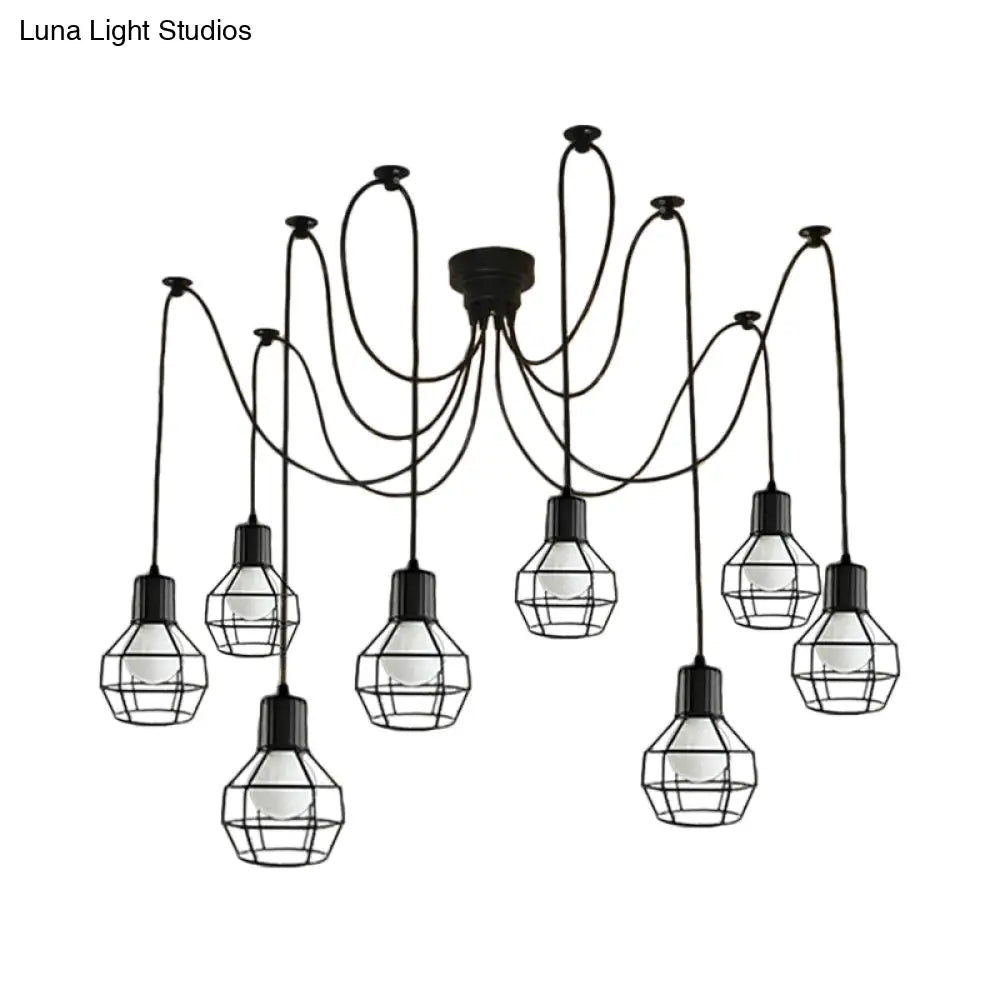 8-Head Black Iron Industrial Pendant Light With Ball Cage Swag Design For Living Room