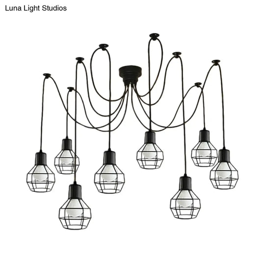 8-Head Black Iron Industrial Pendant Light With Ball Cage Swag Design For Living Room