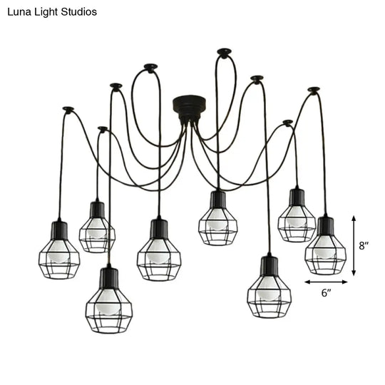 8-Head Industrial Ball Cage Swag Pendant Light In Black For Living Room Decor