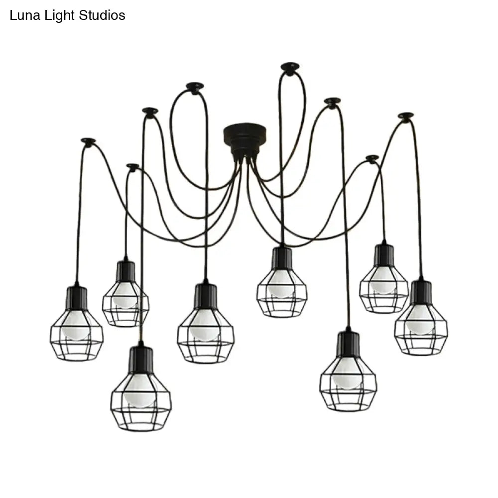8-Head Industrial Ball Cage Swag Pendant Light In Black For Living Room Decor