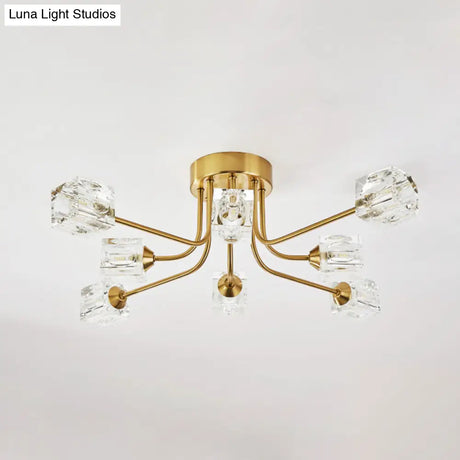 8 - Head Cubic Crystal Ceiling Light Fixture In Gold - Postmodern Curved Arm Semi Flush Mount