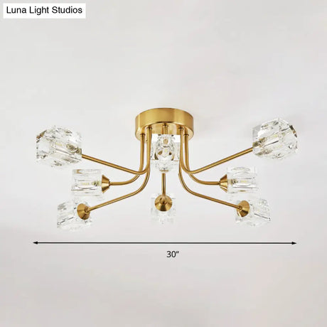 8 - Head Cubic Crystal Ceiling Light Fixture In Gold - Postmodern Curved Arm Semi Flush Mount