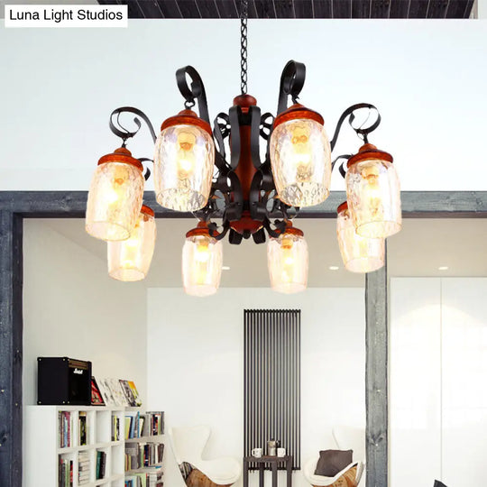 8-Light Dimple Glass Chandelier - Antiqued Black Curved Arm Ceiling Pendant For Living Room