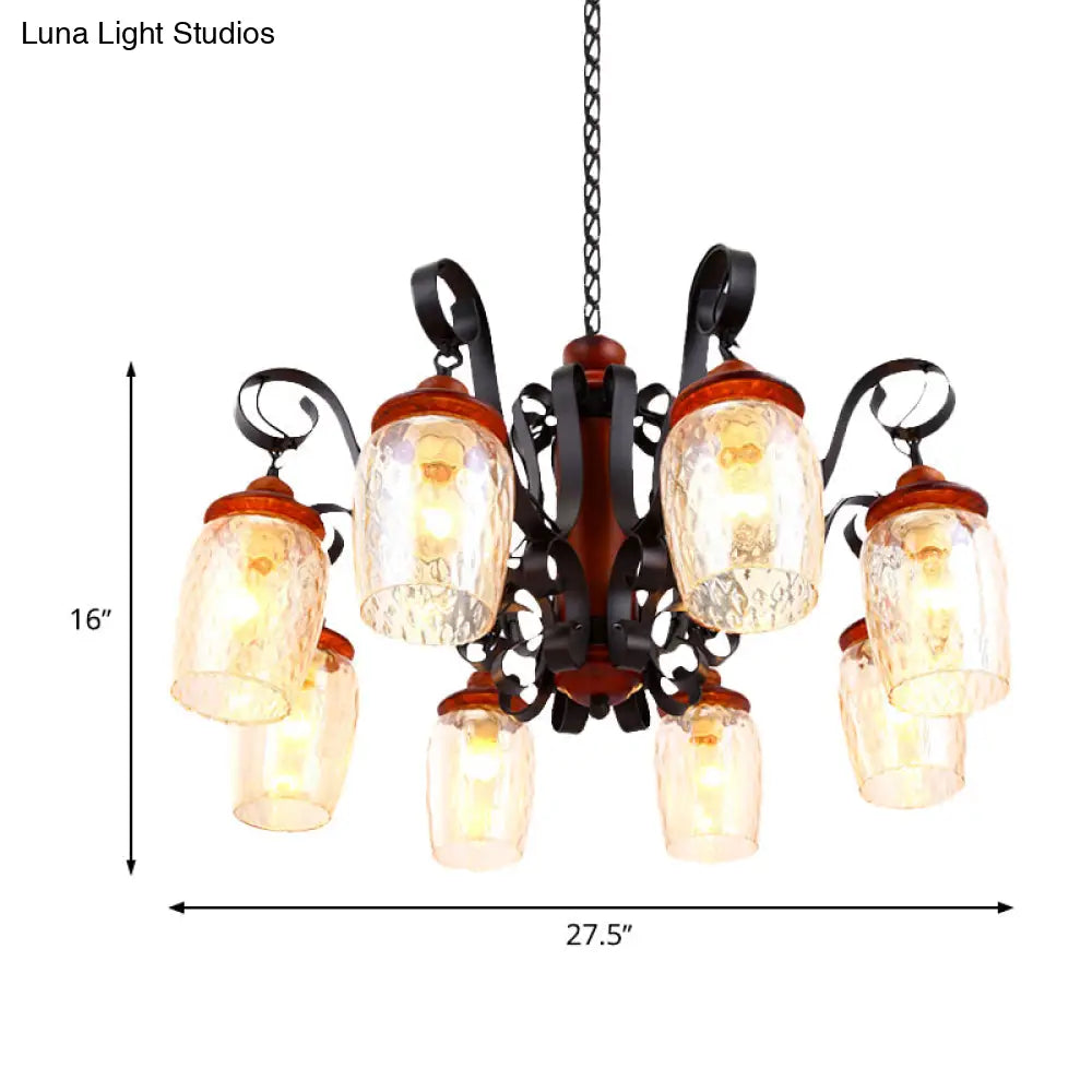 8-Light Antiqued Black Glass Chandelier - Curved Arm Pendant Light For Living Room Ceiling