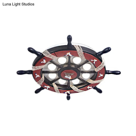 8-Light Bedroom Flush Mount Fixture With Rudder Wooden Shade - Cartoon Blue/Brown Ceiling Lamp In