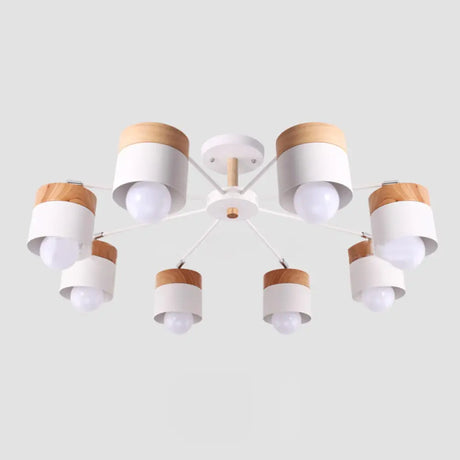 8 - Light Modern White Metal And Wood Semi Flush Chandelier - Stylish Ceiling Light Fixture