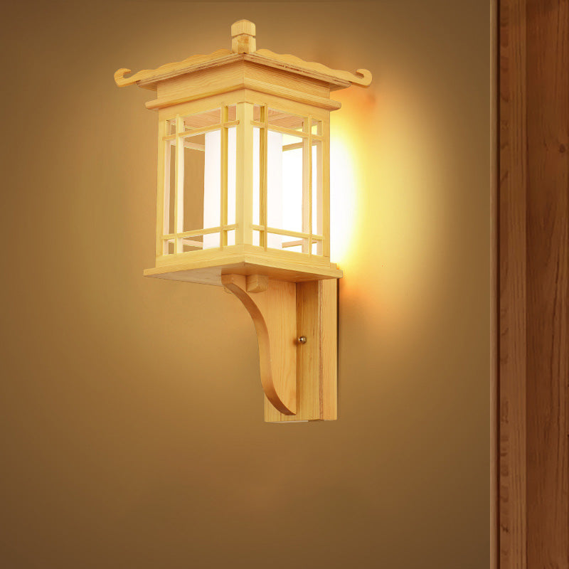 Asian Style Wooden House Wall Sconce - Beige Single Bulb Lamp For Restaurants Wood