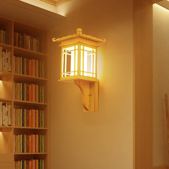 Asian Style Wooden House Wall Sconce - Beige Single Bulb Lamp For Restaurants