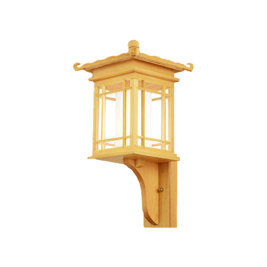 Asian Style Wooden House Wall Sconce - Beige Single Bulb Lamp For Restaurants