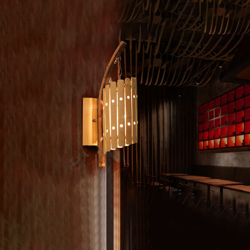 Asian Style Beige 1-Head Corridor Wall Sconce Light With Curved Arm And Wood Cylinder Shade