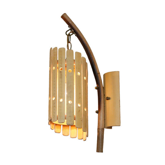 Asian Style Beige 1-Head Corridor Wall Sconce Light With Curved Arm And Wood Cylinder Shade