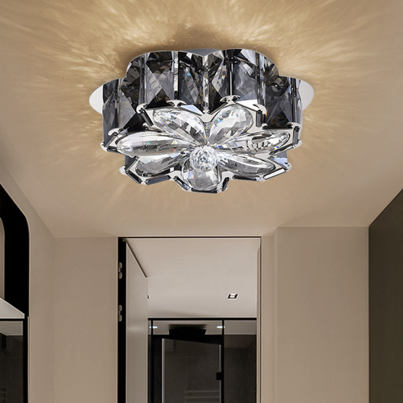 Minimalist Led Flush Mounted Ceiling Light With Flower Smoke/Amber Crystal Shade