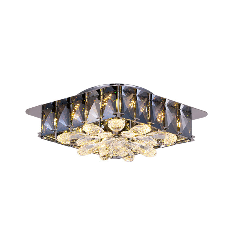 Mini Led Flush Light With Square & Flower Design – Simple Amber Or Smoke Grey Crystal Ceiling
