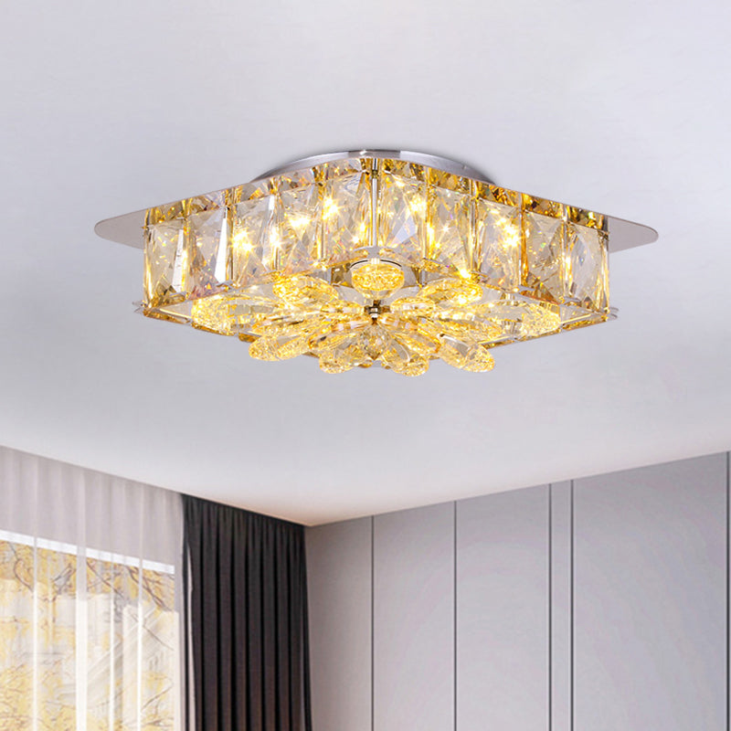 Mini Led Flush Light With Square & Flower Design – Simple Amber Or Smoke Grey Crystal Ceiling