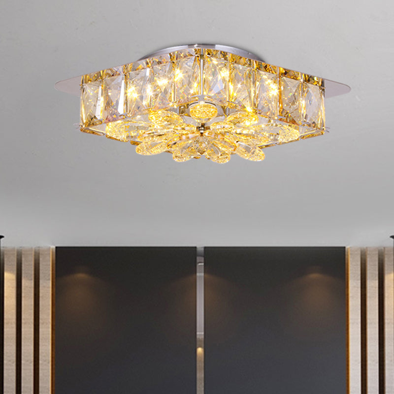 Mini Led Flush Light With Square & Flower Design Simple Amber Or Smoke Grey Crystal Ceiling Fixture