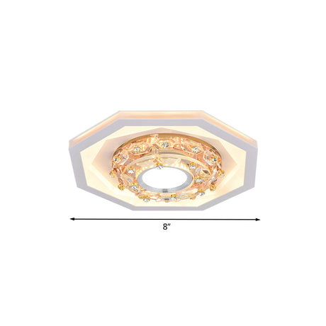 Octagon Small Foyer Ceiling Led Flush Mount Fixture - Elegant Acrylic & Crystal