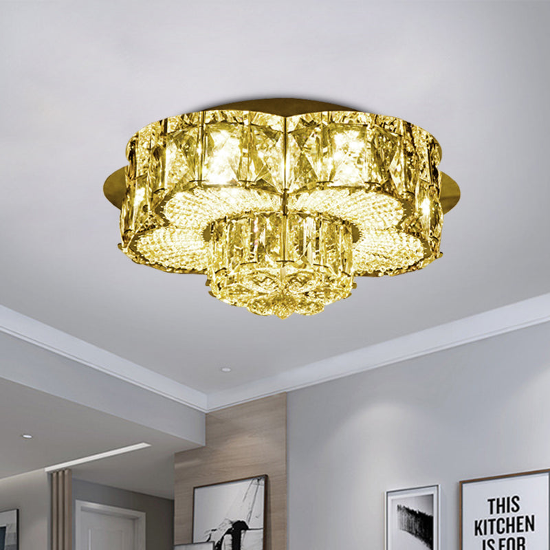 Gold Led Crystal Flower Flushmount Light - Minimalistic 2 - Tier Ceiling Fixture