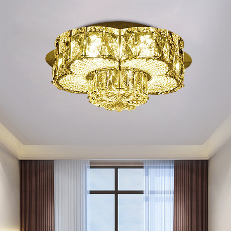 Gold Led Crystal Flower Flushmount Light - Minimalistic 2 - Tier Ceiling Fixture
