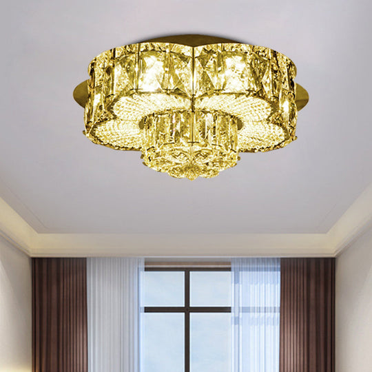 Gold Led Crystal Flower Flushmount Light - Minimalistic 2-Tier Ceiling Fixture