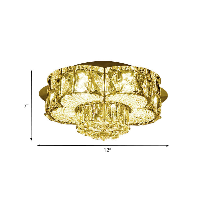 Gold Led Crystal Flower Flushmount Light - Minimalistic 2-Tier Ceiling Fixture