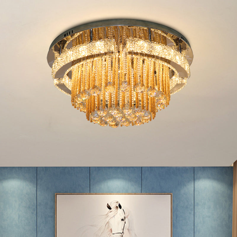 Modern Draping Crystal Lounge Led Flush Mount Ceiling Light - Polished Chrome Round/Square Fixture