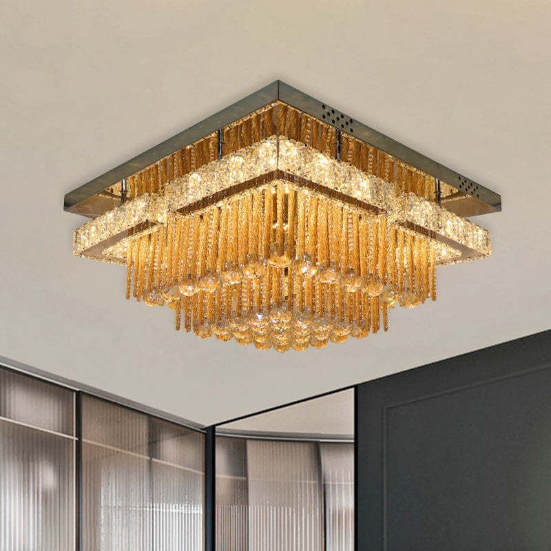 Modern Draping Crystal Lounge Led Flush Mount Ceiling Light - Polished Chrome Round/Square Fixture /