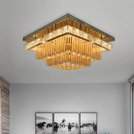 Modern Draping Crystal Lounge Led Flush Mount Ceiling Light - Polished Chrome Round/Square Fixture