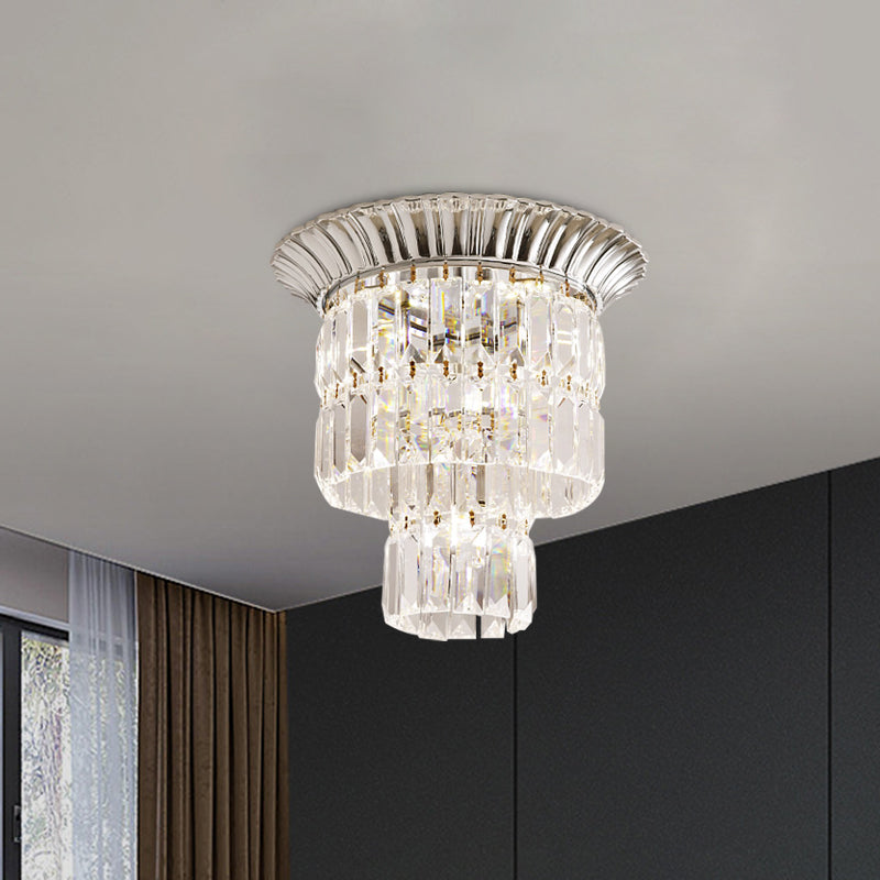 Modernist Crystal Dual Shade Led Flushmount Lamp - Chrome/Gold Cylindrical Ceiling Fixture