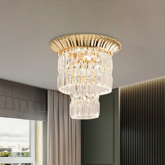 Modernist Crystal Dual Shade Led Flushmount Lamp - Chrome/Gold Cylindrical Ceiling Fixture