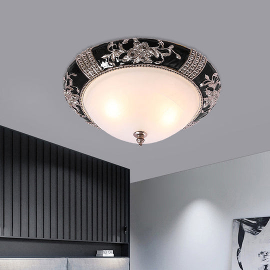 Nordic Style Carved Rose Ceiling Flush Mount - Black Finish 3 Lights Dome White Glass Shade