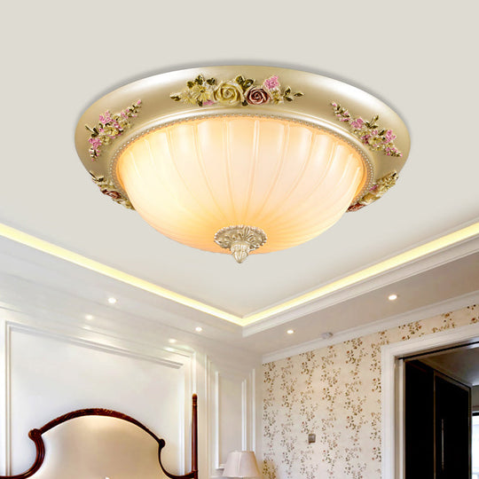 Korean Countryside Dome Flushmount Ceiling Light - 2 Heads Prismatic Glass Gold Finish Flower Decor