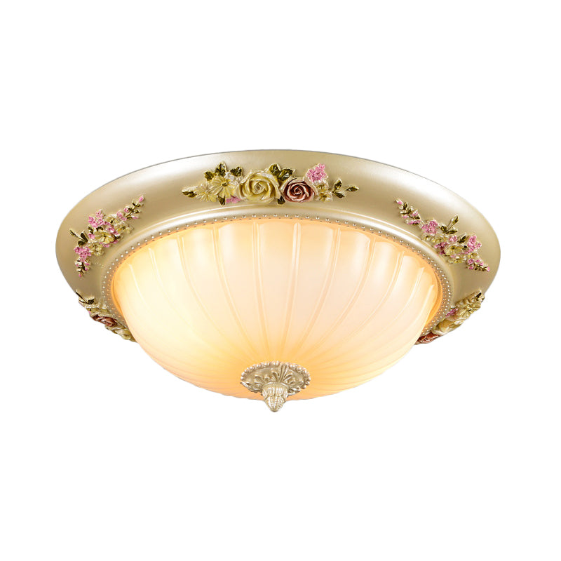 Korean Countryside Dome Flushmount Ceiling Light - 2 Heads Prismatic Glass Gold Finish Flower Decor